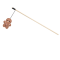 Trixie Christmas gingerbread man cat teaser toy with wooden rod, black cord and brown catnip-filled gingerbread character with embroidered face and pink buttons.