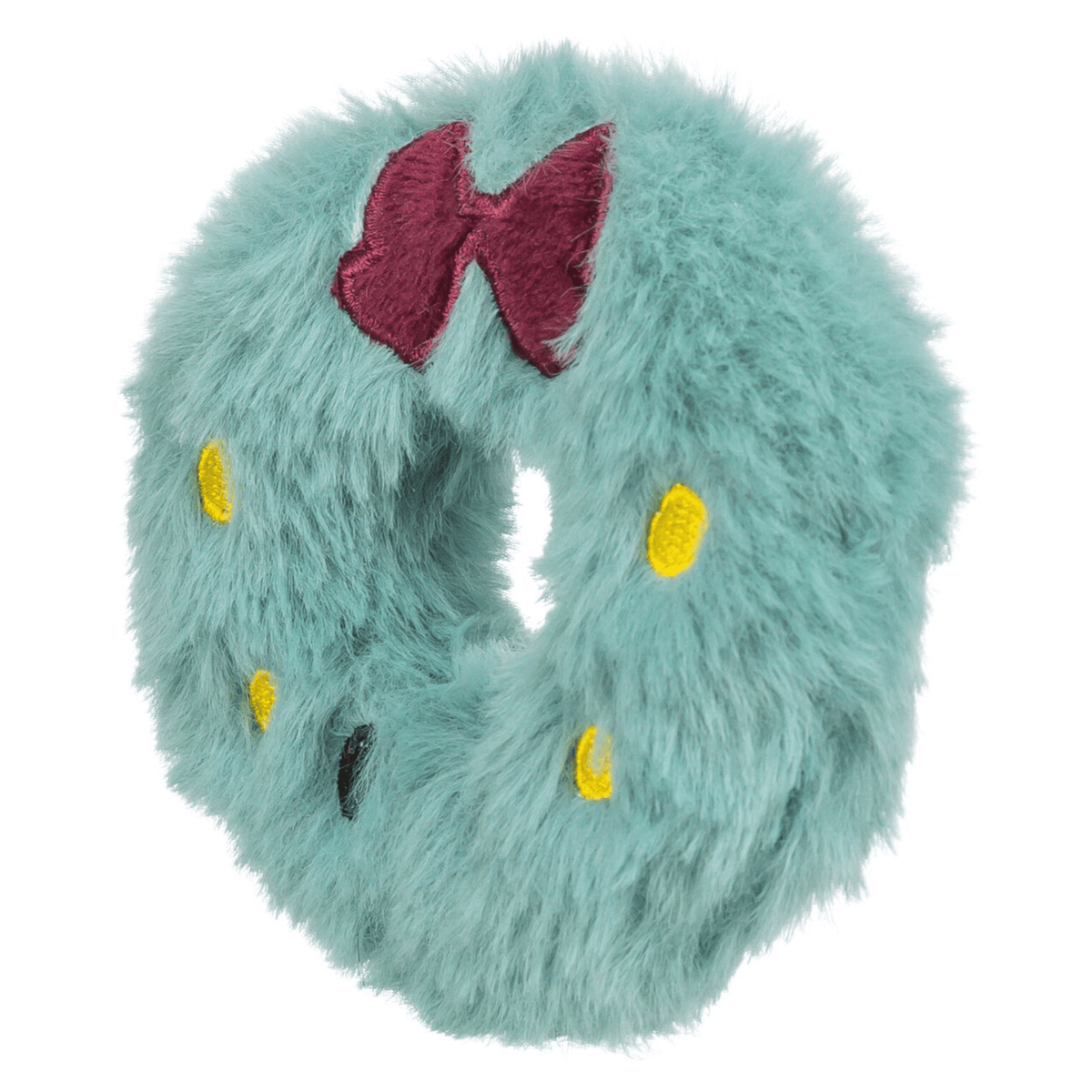 Angled view of Trixie Christmas Wreath catnip toy showing its soft, fluffy blue-green polyester plush, circular shape, yellow details and burgundy bow.