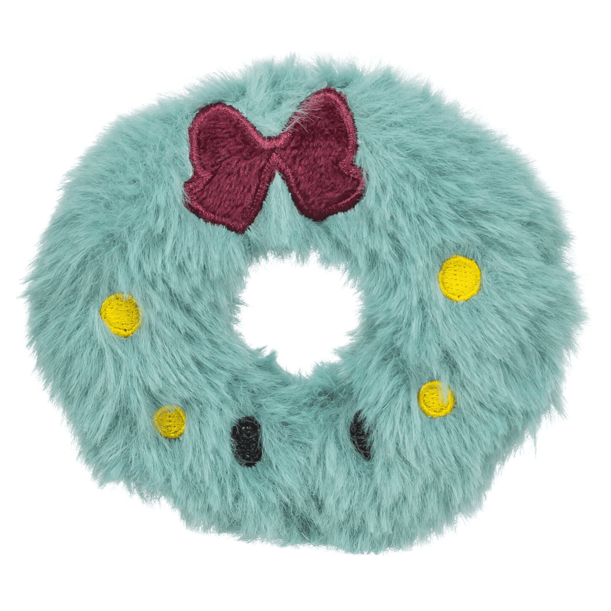 Front view of Trixie Christmas Wreath plush catnip toy for cats, 9cm, featuring fluffy blue-green fabric, burgundy bow and yellow embroidered decorations.