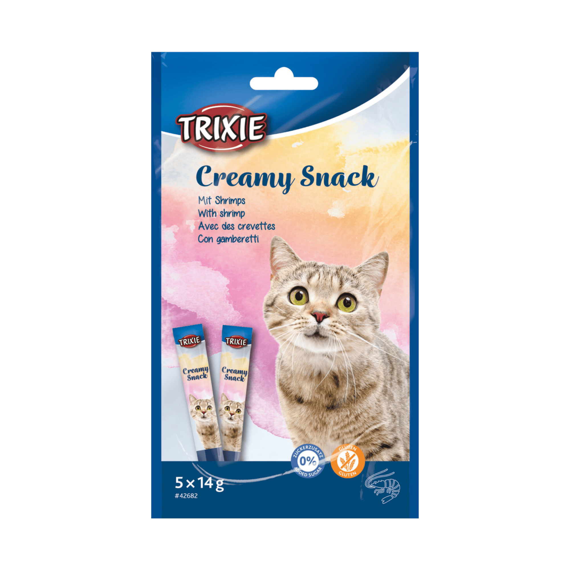 Trixie Creamy Snack with Shrimp liquid cat treats in a blue 5 x 14g multipack