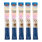 Five individual Trixie Creamy Whitefish liquid cat treat sachets with tabby cat and fish design
