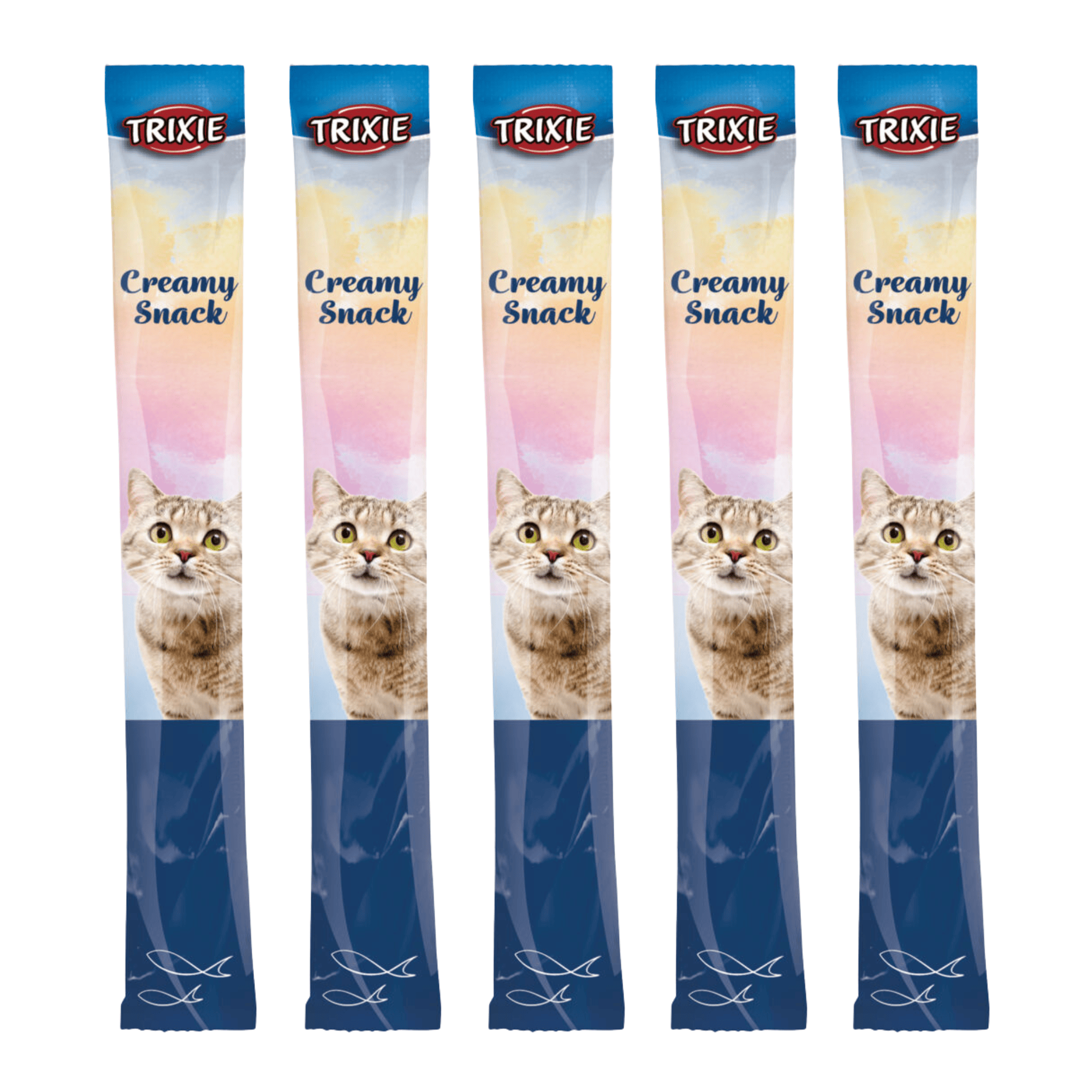 Five individual Trixie Creamy Whitefish liquid cat treat sachets with tabby cat and fish design