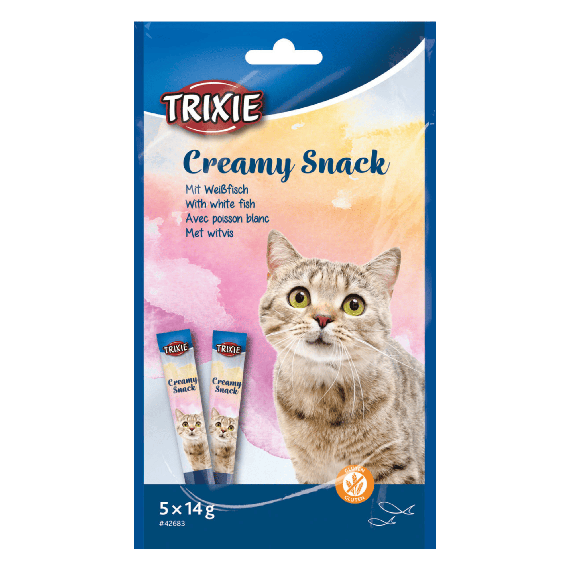 Trixie Creamy Snack with Whitefish liquid cat treats in a blue 5 x 14g multipack
