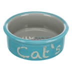 Turquoise and grey Trixie ceramic cat bowl with Cat’s lettering and fun food-themed wording inside