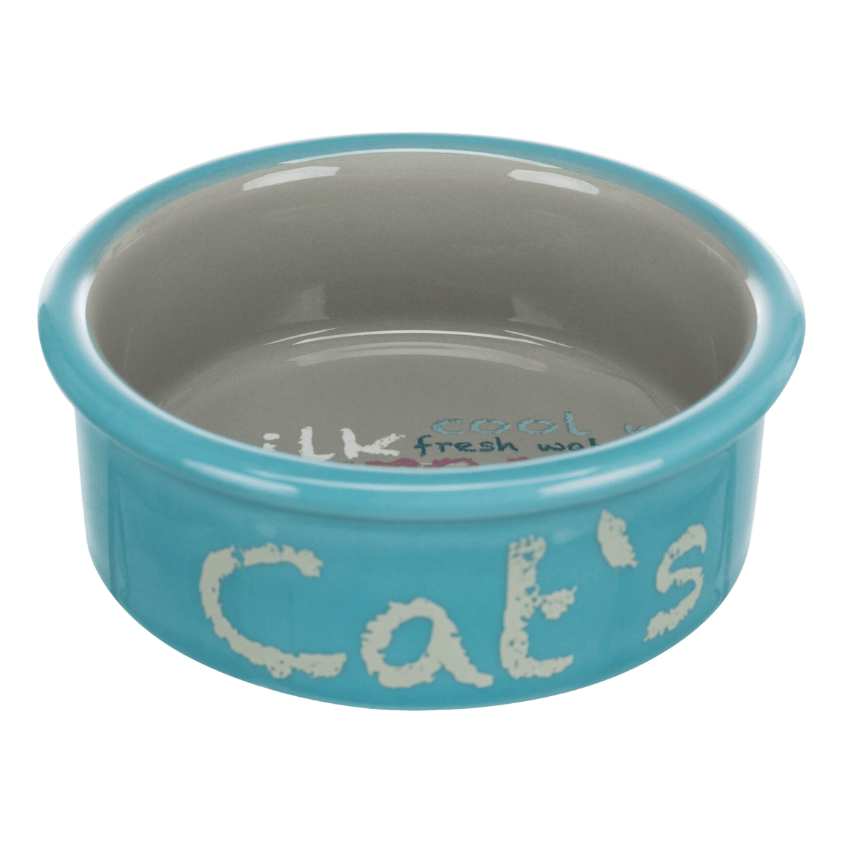 Turquoise and grey Trixie ceramic cat bowl with Cat’s lettering and fun food-themed wording inside
