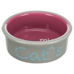 Pink and grey Trixie ceramic cat bowl with playful Cat’s lettering and colourful food-themed wording inside