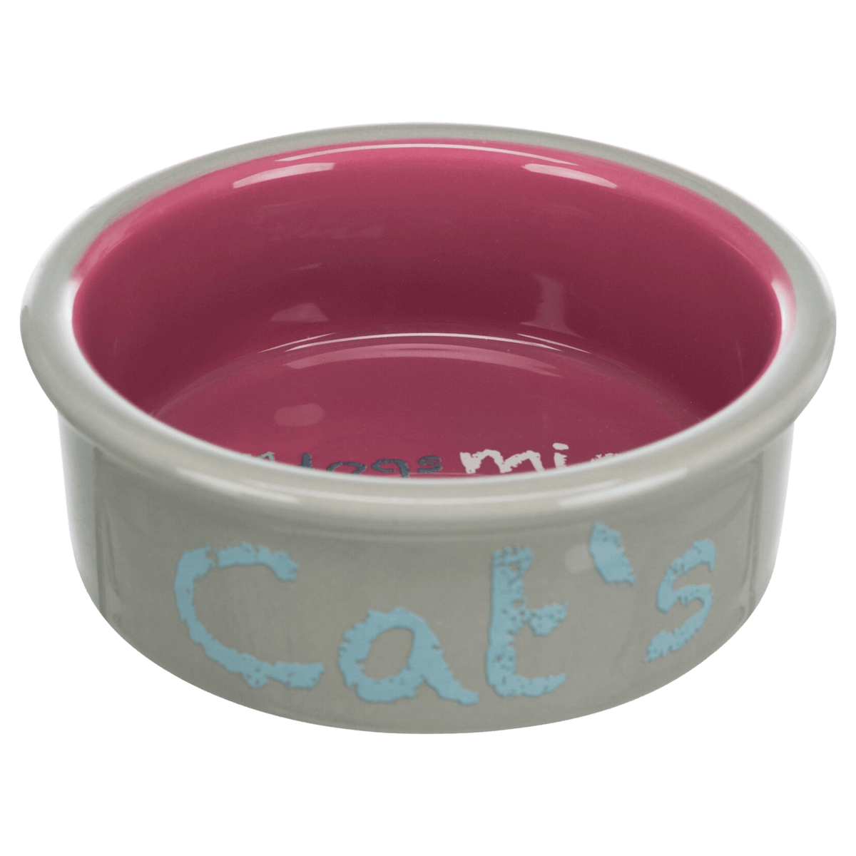Pink and grey Trixie ceramic cat bowl with playful Cat’s lettering and colourful food-themed wording inside