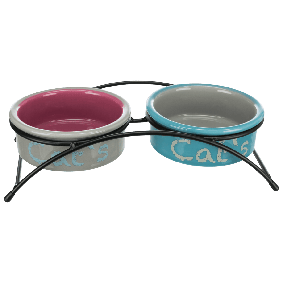 Trixie elevated cat feeding set with turquoise and pink ceramic bowls held in a black powder-coated metal stand