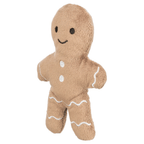 Angled view of Trixie Gingerbread Man Christmas cat toy with catnip, showing soft polyester plush, embroidered smile and white icing-style trim.