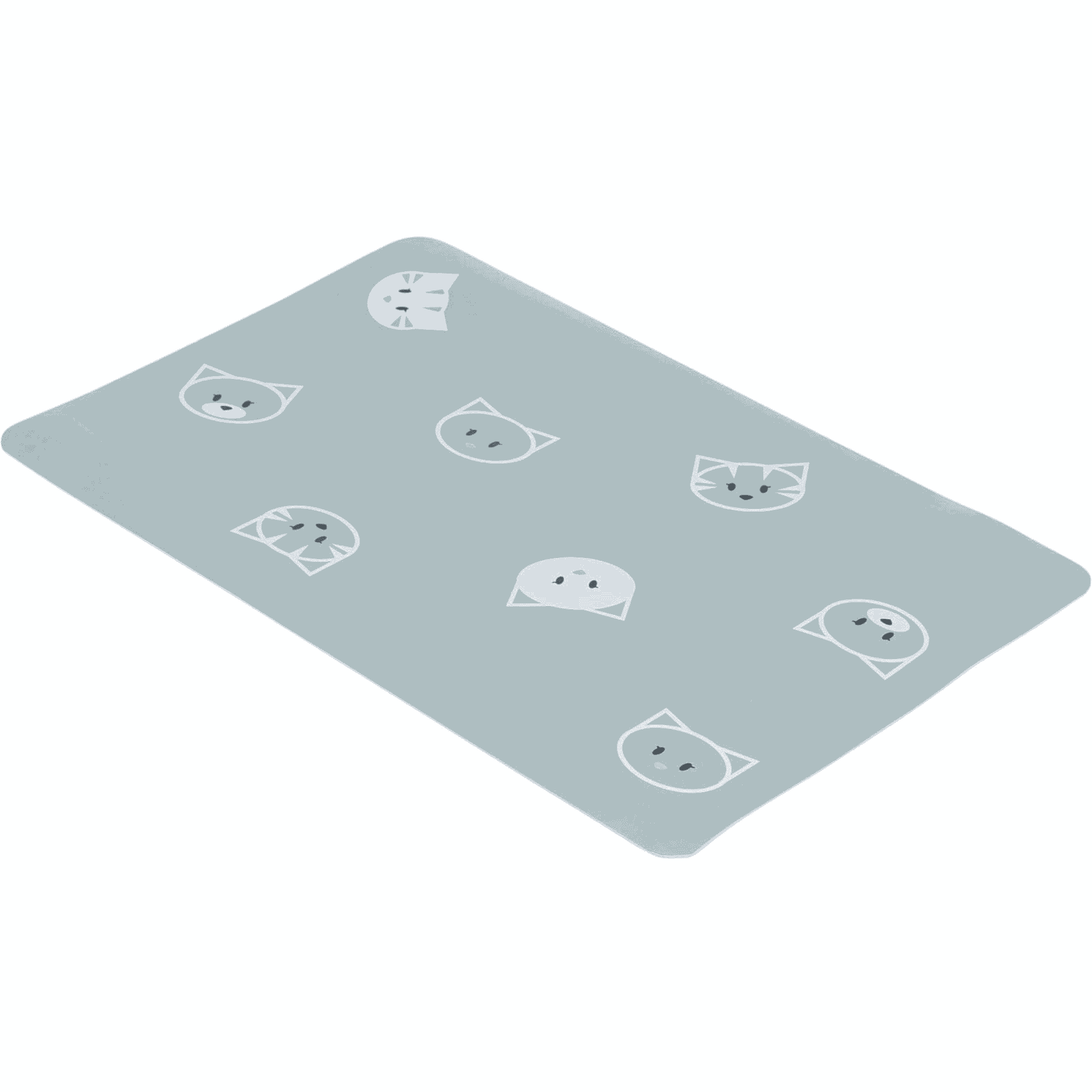 Side view of Trixie Mimi Cats non-slip sage green food and water bowl placemat with cute cat face design, 44 x 28cm
