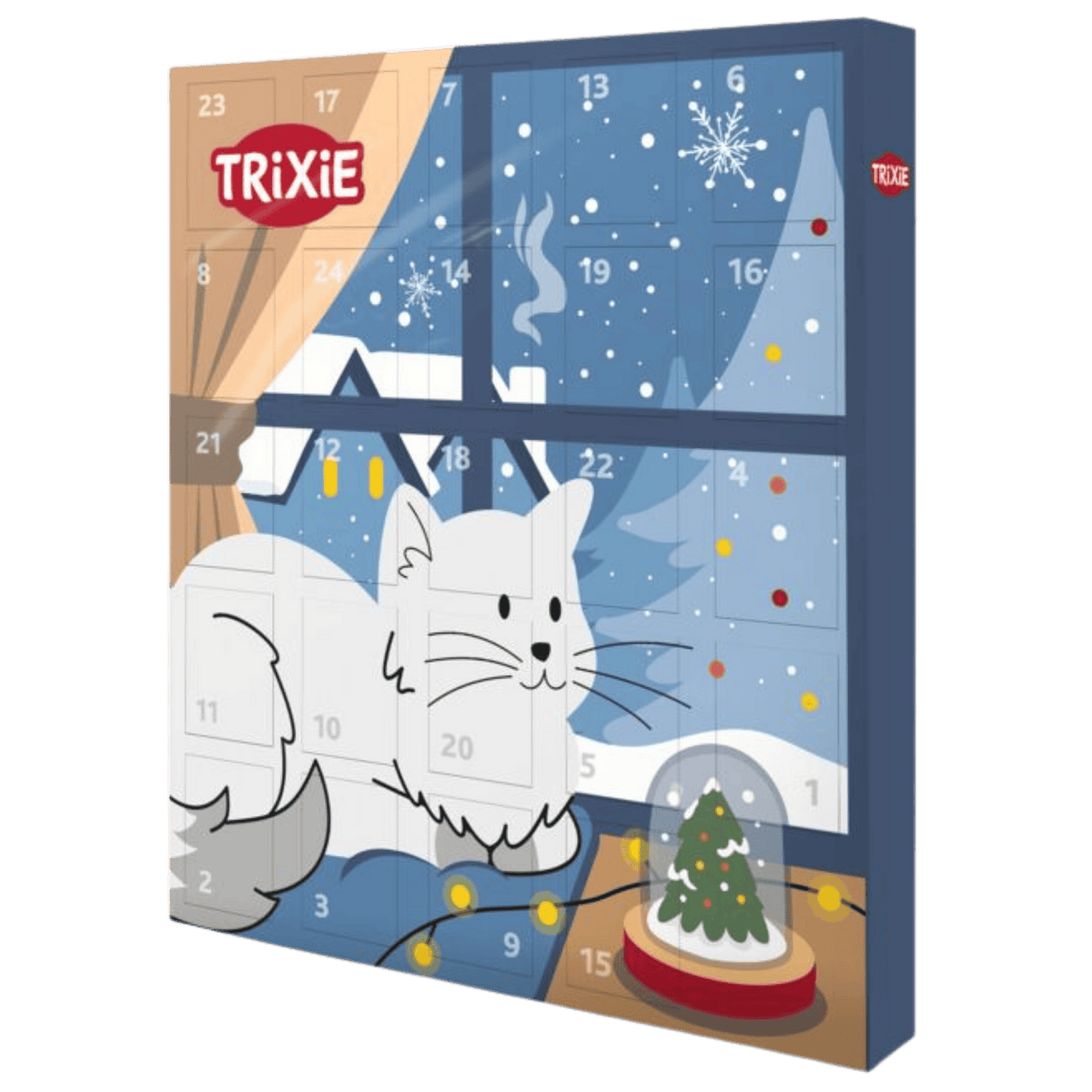 Trixie PREMIO Luxury Cat Advent Calendar with 24 numbered doors, featuring a white cat beside a snowy Christmas window