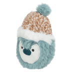 Angled view of Trixie Penguin Christmas cat toy with catnip, showing soft blue polyester plush, white facial details and fluffy bobble hat.
