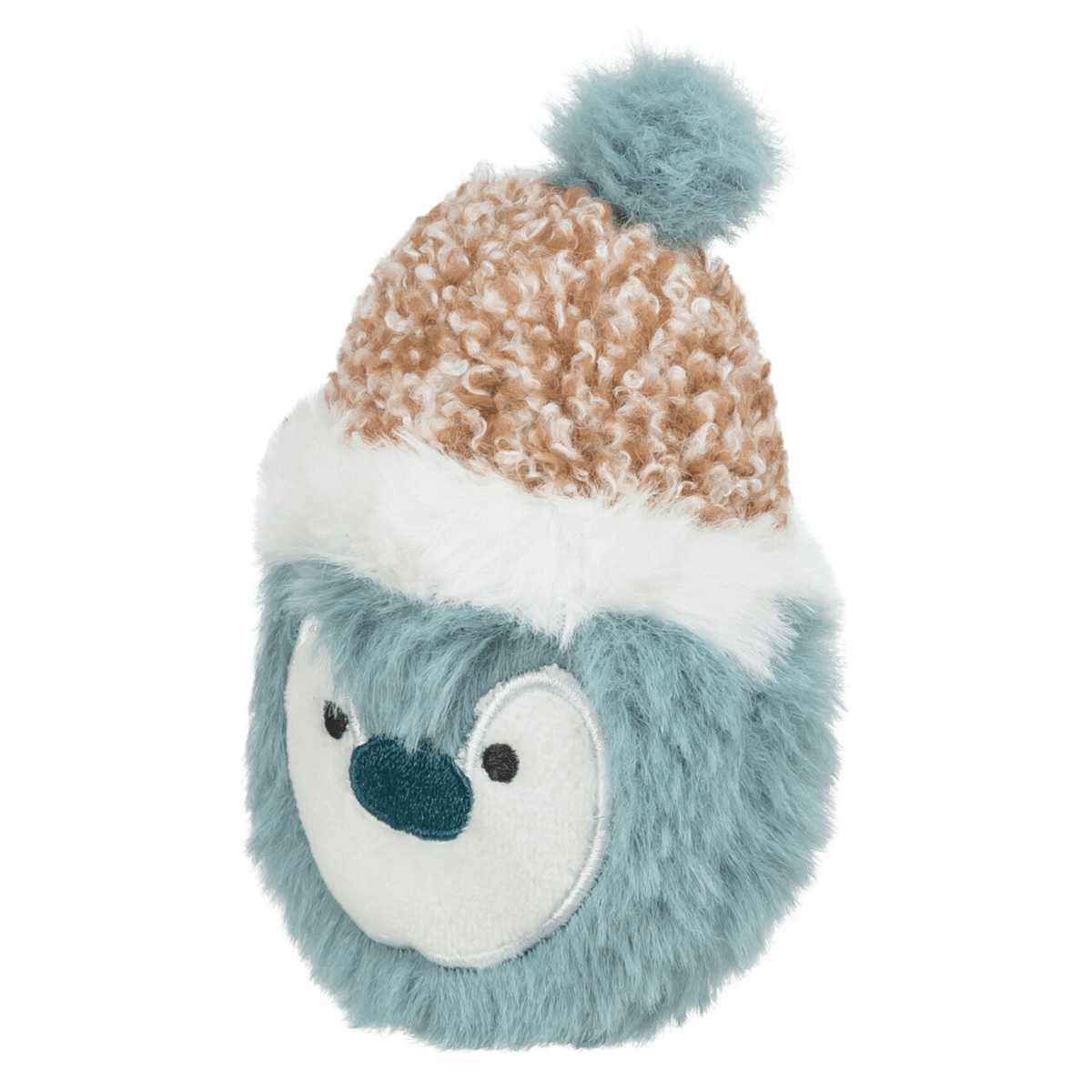 Angled view of Trixie Penguin Christmas cat toy with catnip, showing soft blue polyester plush, white facial details and fluffy bobble hat.