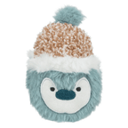 Trixie Penguin plush catnip toy, 12cm, with fluffy blue body, embroidered penguin face and caramel knitted-style winter hat with blue pom-pom.