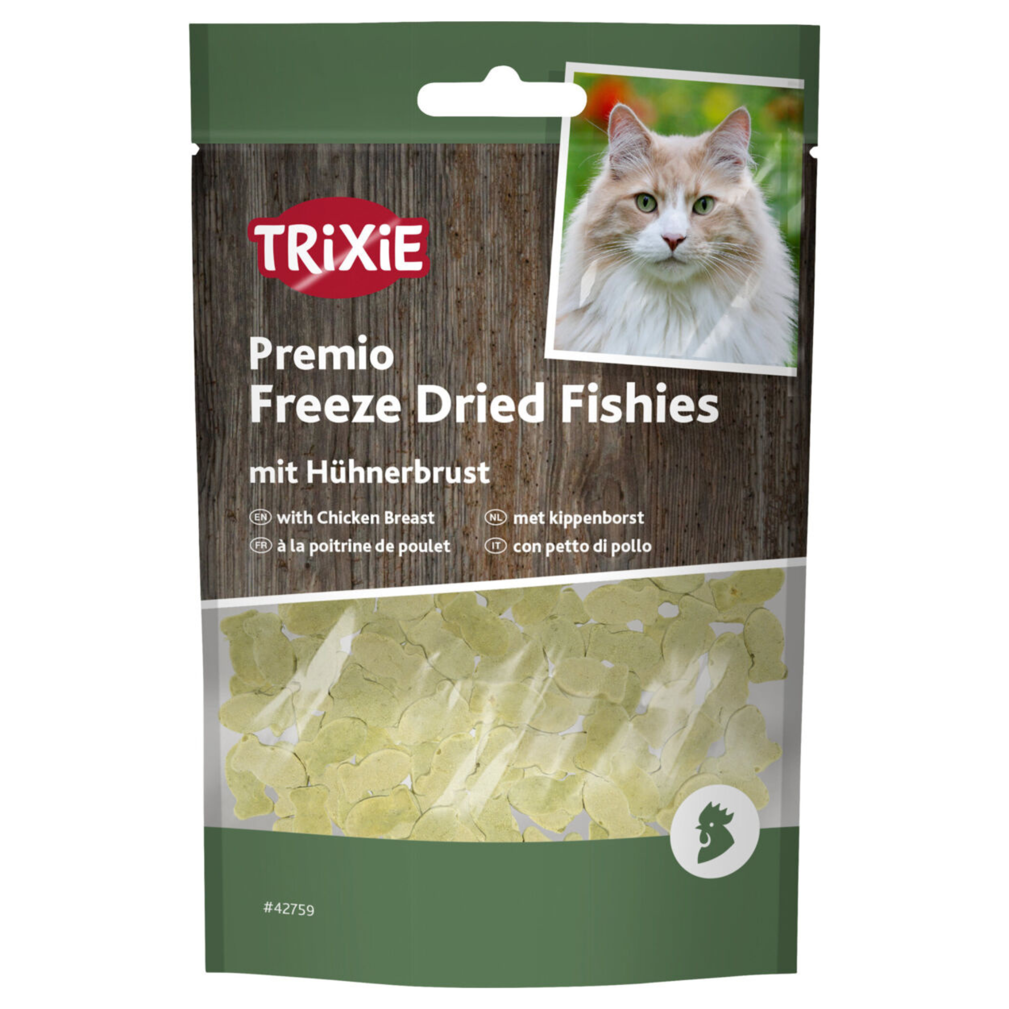Trixie Premio Freeze-Dried Fishies with Chicken Breast cat treats in resealable retail packaging
