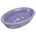 Purple Trixie shallow oval ceramic cat bowl with white fish and paw-print design