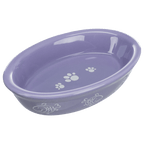 Purple Trixie shallow oval ceramic cat bowl with white fish and paw-print design