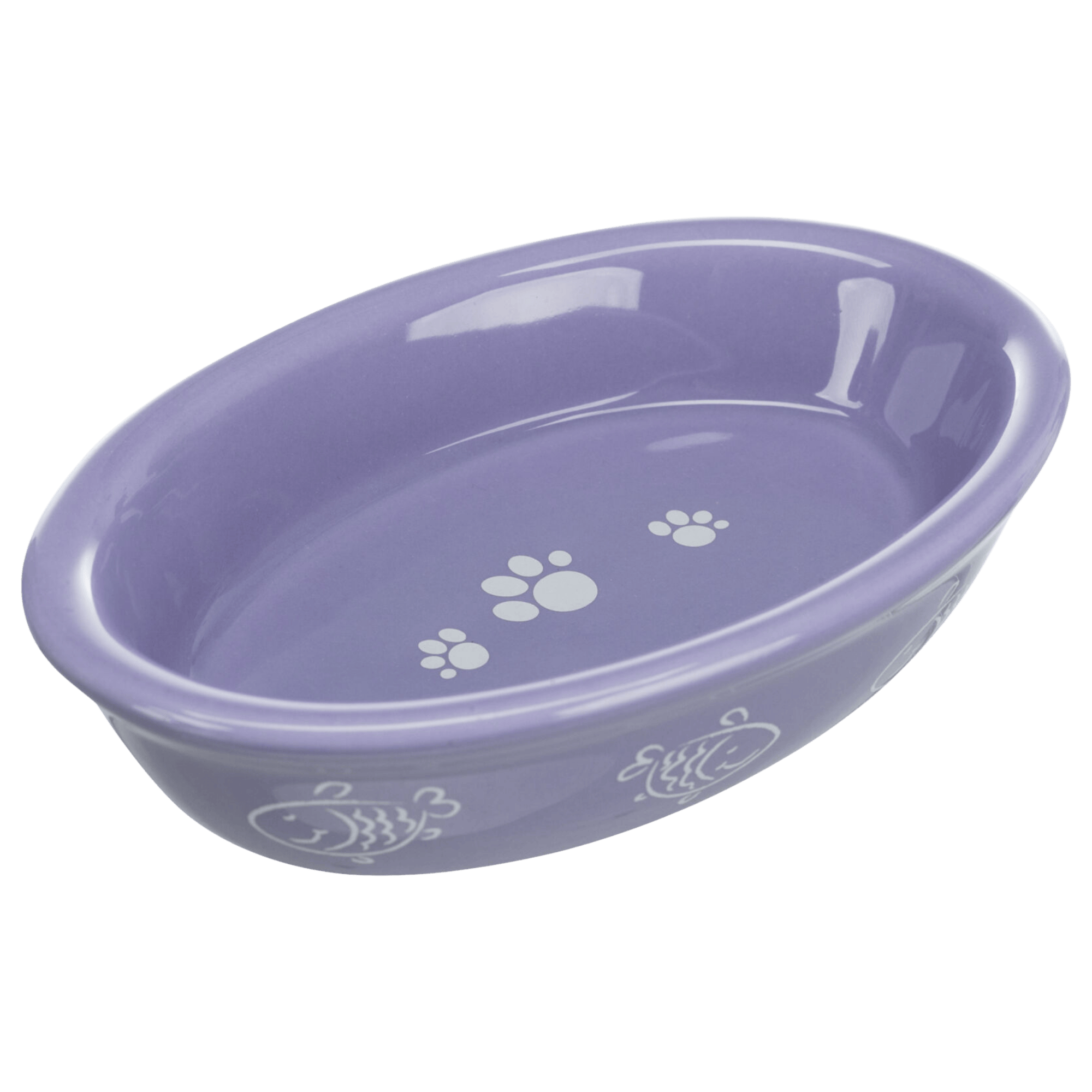 Purple Trixie shallow oval ceramic cat bowl with white fish and paw-print design