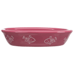 Side view of pink Trixie ceramic cat bowl decorated with white fish