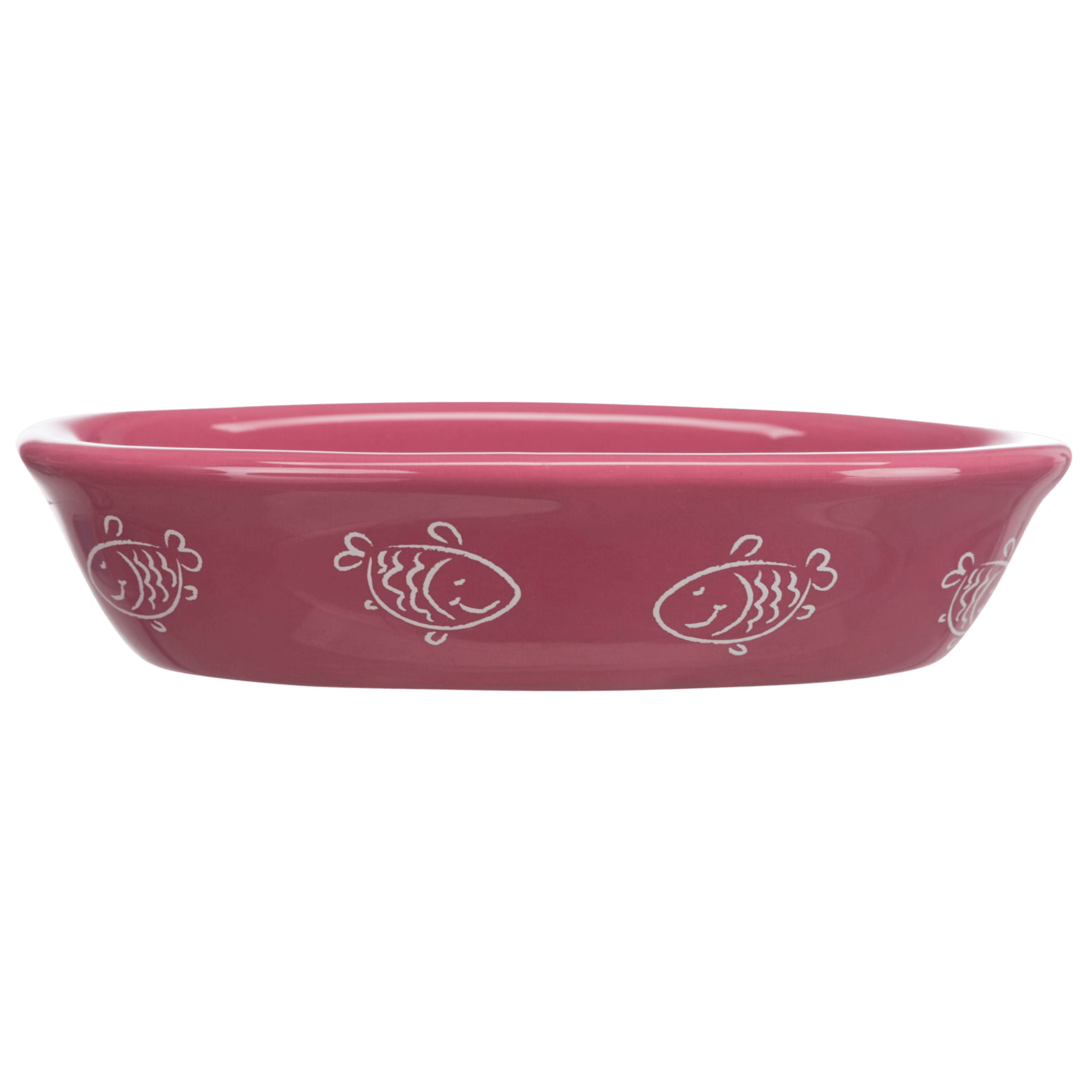 Side view of pink Trixie ceramic cat bowl decorated with white fish