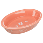 Apricot Trixie shallow oval ceramic cat bowl featuring white fish and paw prints