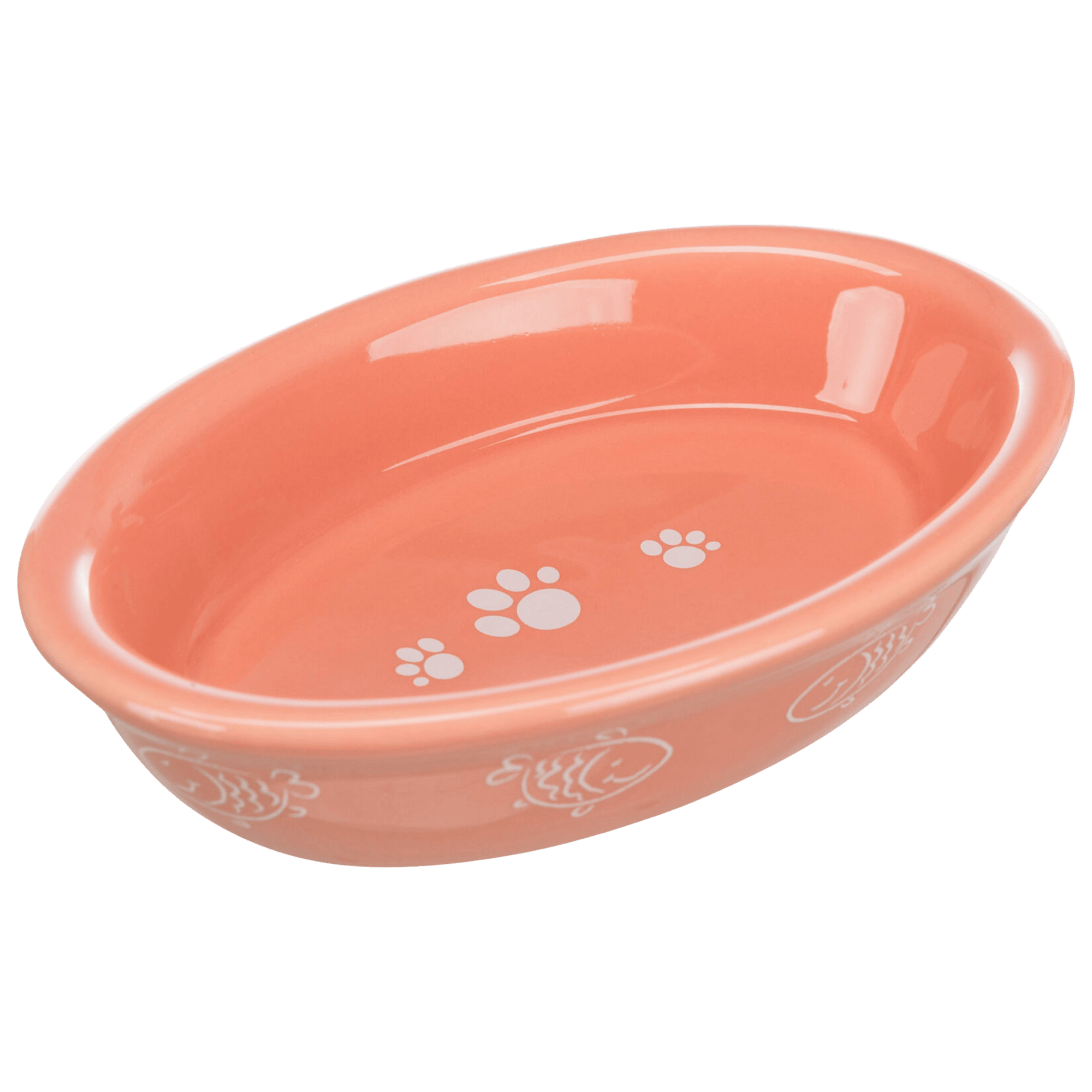 Apricot Trixie shallow oval ceramic cat bowl featuring white fish and paw prints