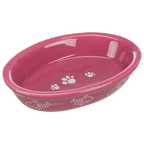 Pink Trixie oval ceramic cat bowl with white paw-print and fish design