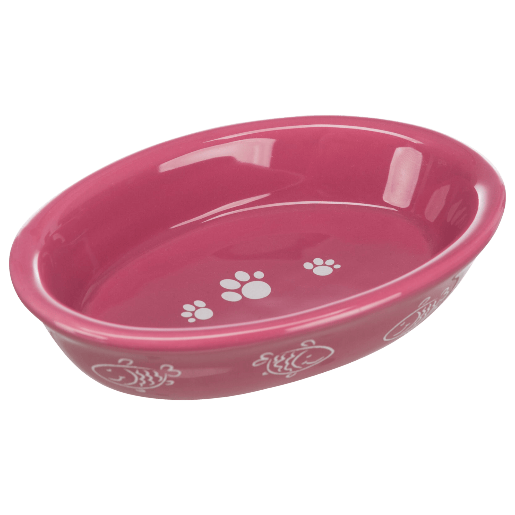 Pink Trixie oval ceramic cat bowl with white paw-print and fish design