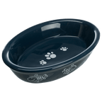 Black Trixie shallow ceramic cat feeding bowl with fish and paw prints