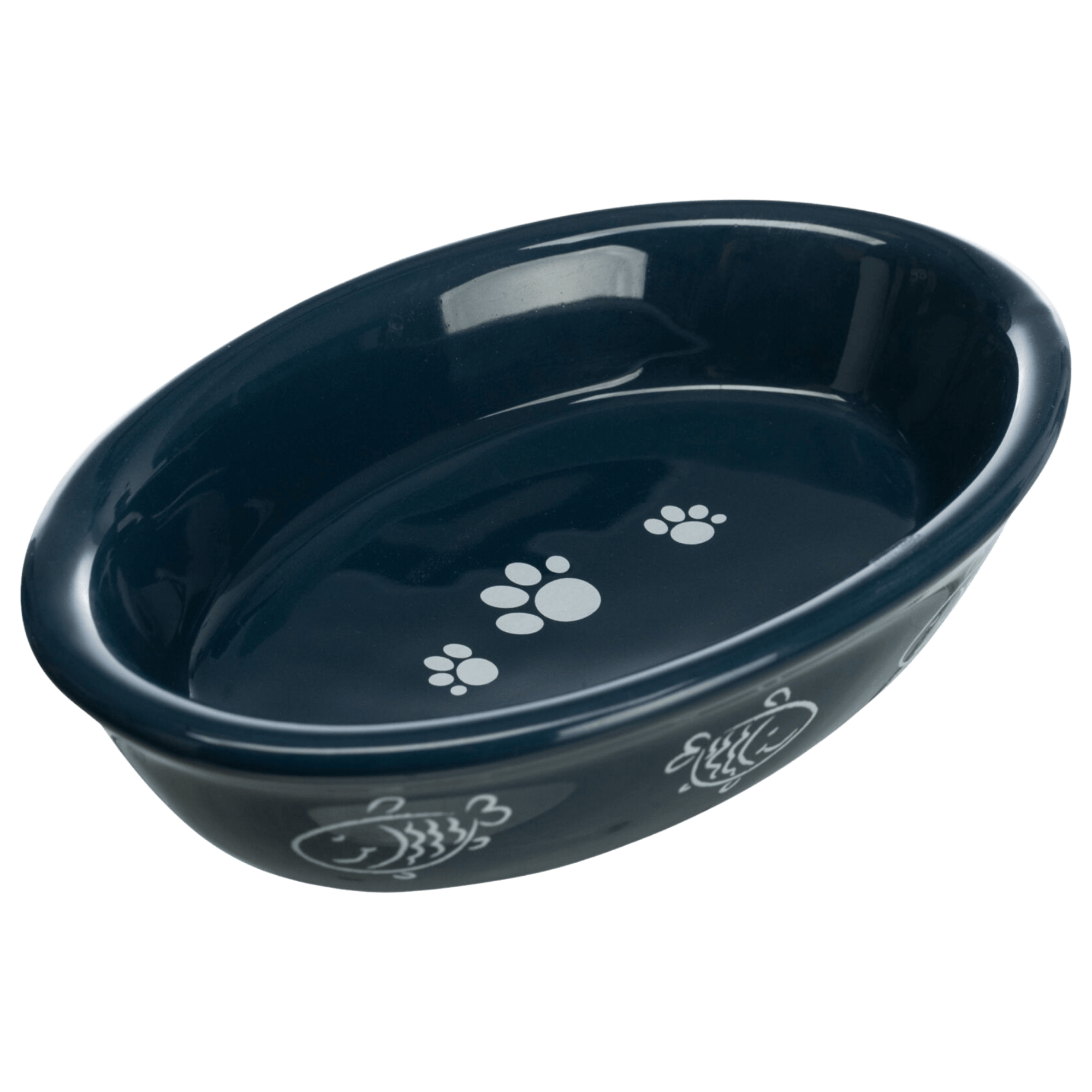 Black Trixie shallow ceramic cat feeding bowl with fish and paw prints