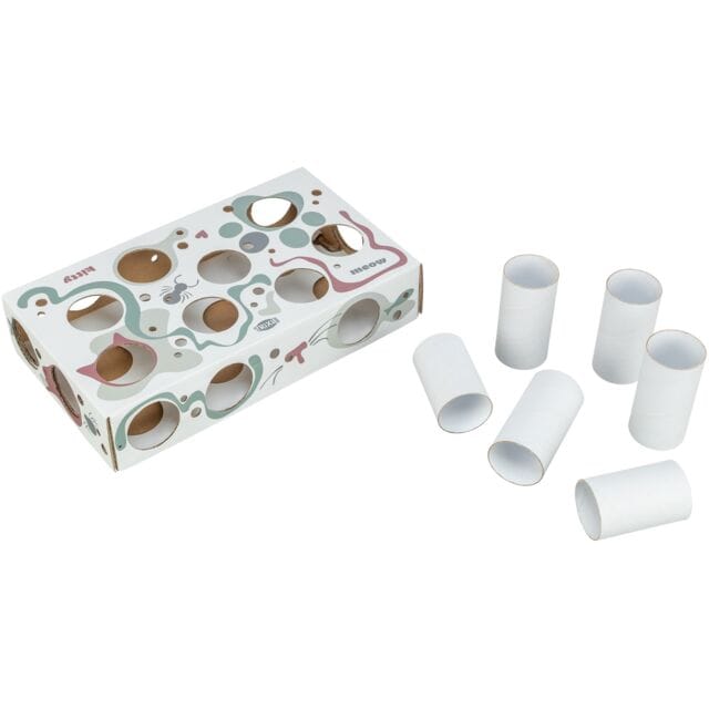 Trixie Paws 'n' Treats cat activity play box with five removable cardboard tubes.