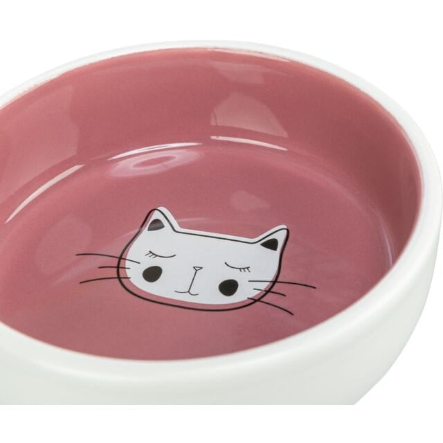 Trixie ceramic cat food and water bowl with dark red interior and cute sleeping cat illustration
