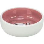 Trixie ceramic cat food and water bowl with dark red  interior and fish illustration