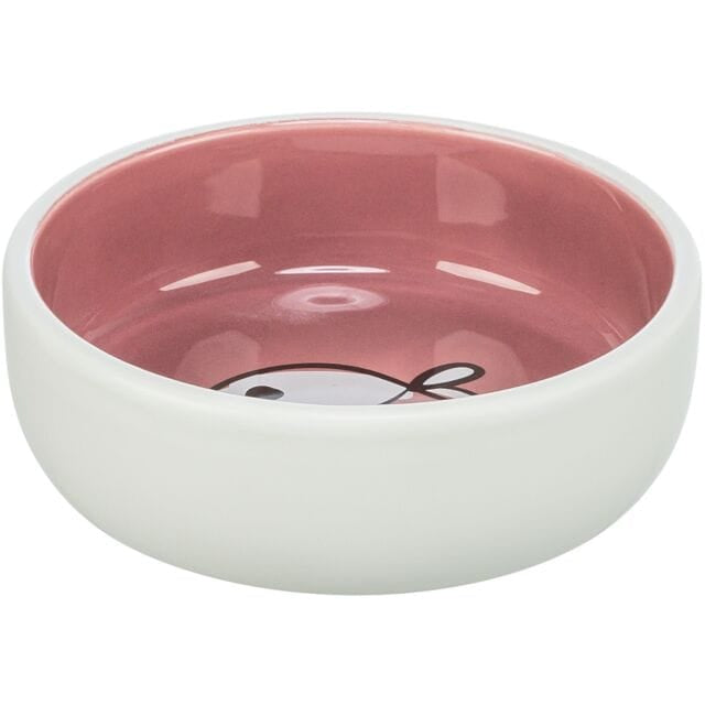 Trixie ceramic cat food and water bowl with dark red  interior and fish illustration