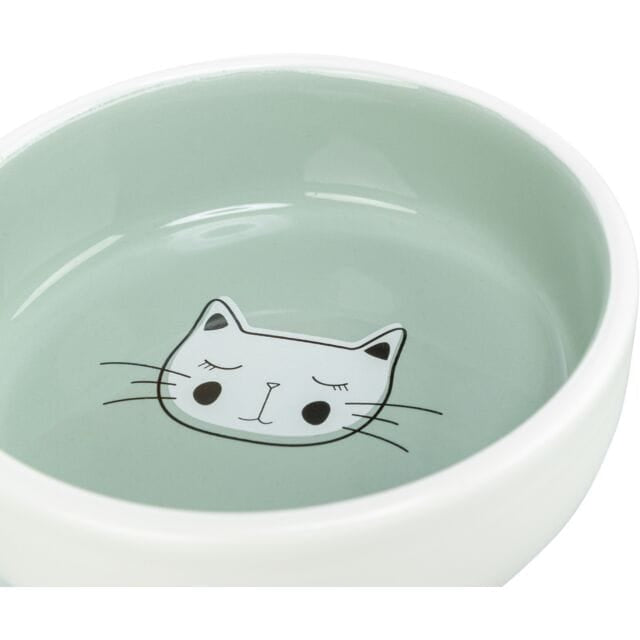 Trixie ceramic cat food and water bowl with sage green interior and cute sleeping cat illustration
