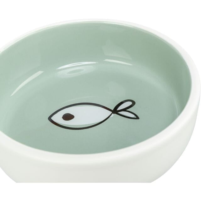 Trixie ceramic cat food and water bowl with sage green interior and cute fish illustration