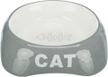 Grey Trixie ceramic cat food and water bowl with CAT lettering and fishbone design inside
