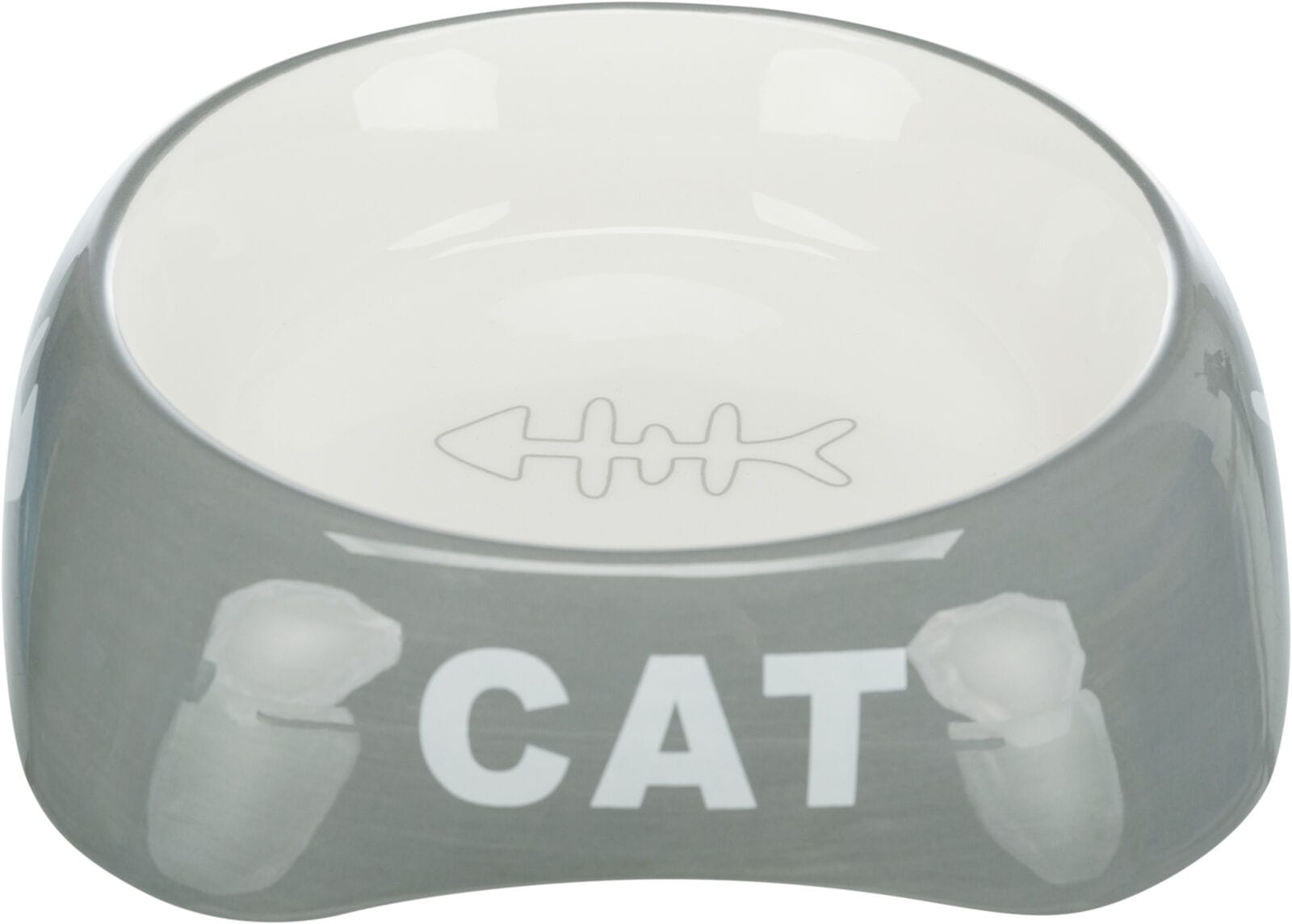 Grey Trixie ceramic cat food and water bowl with CAT lettering and fishbone design inside