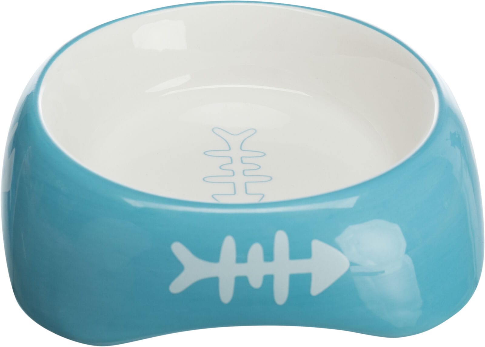 Blue Trixie ceramic cat food and water bowl with CAT lettering and fishbone design one the edge and inside
