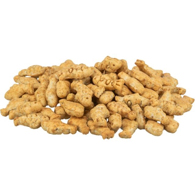 Close-up of crunchy fish-shaped Trixie Chicken & Prawn Fishy Cookies cat treats.