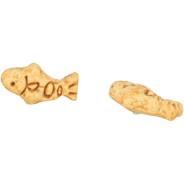 Two crunchy fish-shaped Trixie Chicken & Prawn Fishy Cookies cat treats.