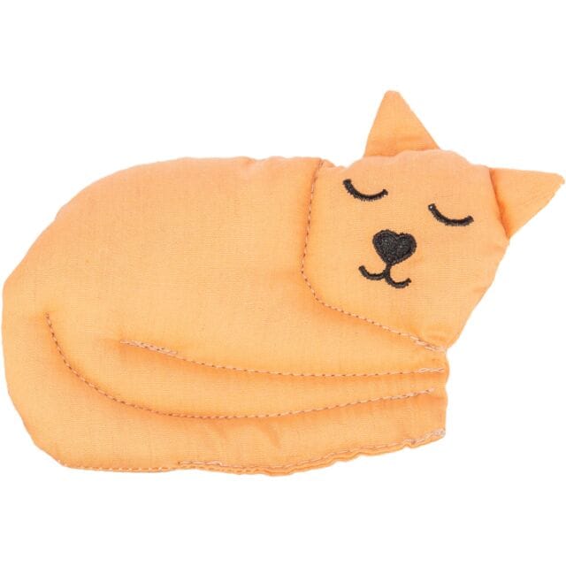Orange Trixie Cotton Cat Shaped Cat Toy with valerian in a sleeping cat design.
