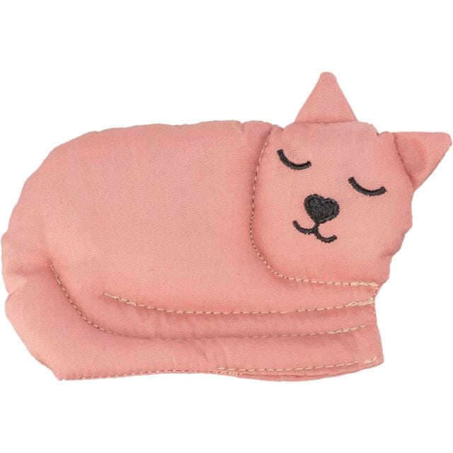 Pink Trixie Cotton Cat Shaped Cat Toy with natural valerian and embroidered sleeping face.
