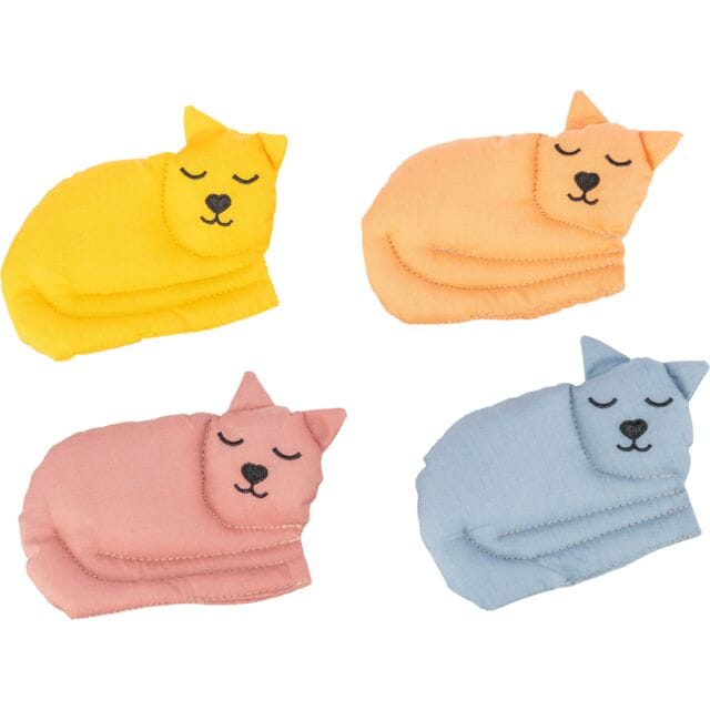 Trixie Cotton Cat Shaped Valerian Cat Toys available in assorted pastel colours including blue, pink, yellow and orange.