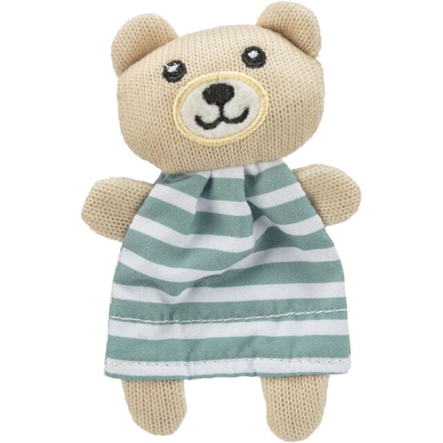 Cream Trixie plush bear cat toy with green striped body and internal catnip pouch.