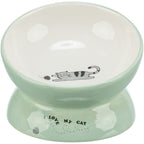 Trixie elevated mint green ceramic cat food and water bowl with I Love My Cat design and playful cat illustration