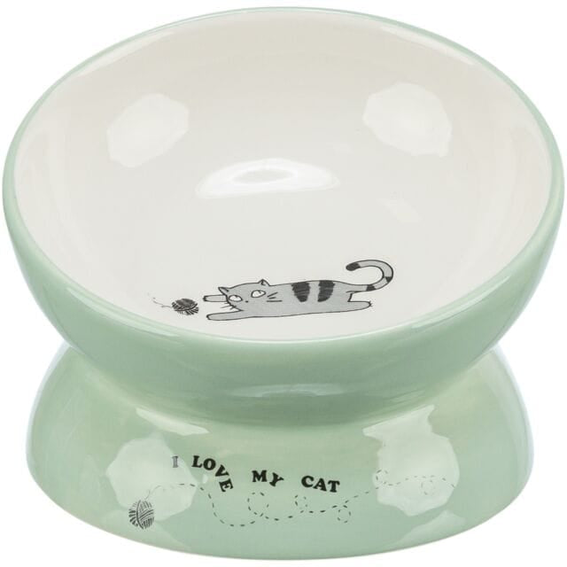 Trixie elevated mint green ceramic cat food and water bowl with I Love My Cat design and playful cat illustration