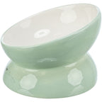 Side view of Trixie elevated mint green ceramic cat food and water bowl with I Love My Cat design and playful cat illustration