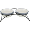 Trixie elevated double ceramic cat food and water bowls with blue fish design in black metal stand