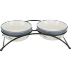 Trixie elevated double ceramic cat food and water bowls with blue fish design in black metal stand